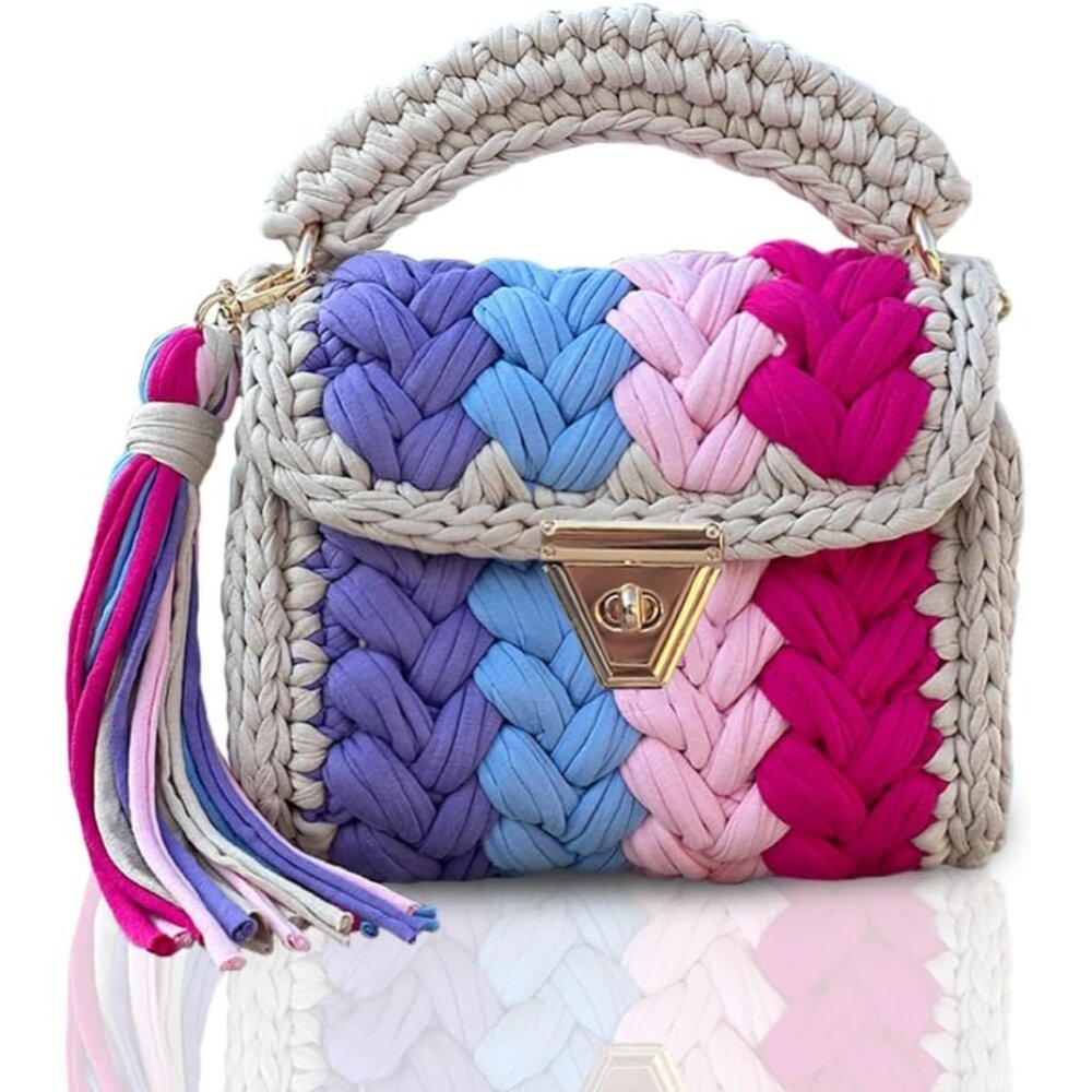 Women's Multi Handmade Crochet Evening Small Clutch Formal Flap Crossbody Bag